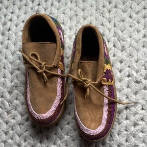 Brown Suede Moccasin Shoes with Pink & Purple Crochet Trim